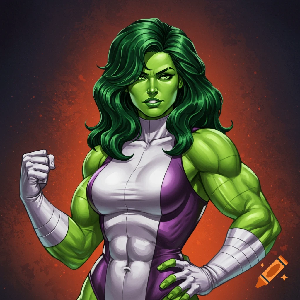 She-Hulk in a purple and white costume flexing her bicep.