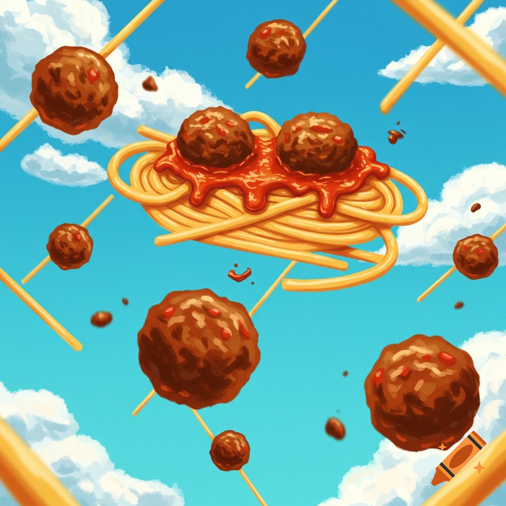 Spaghetti and meatballs are falling through a sky with clouds.