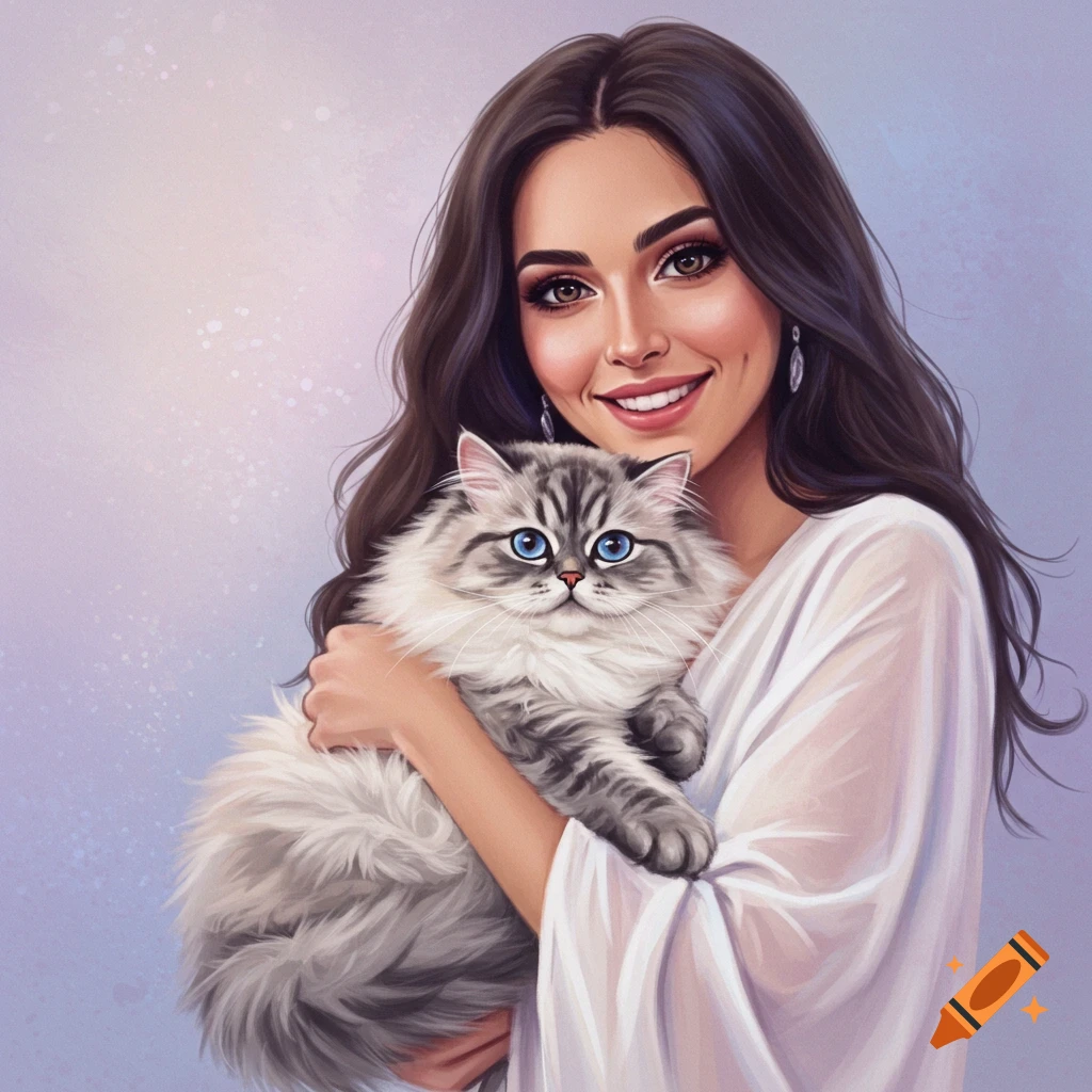 Painting of a woman holding a fluffy cat.