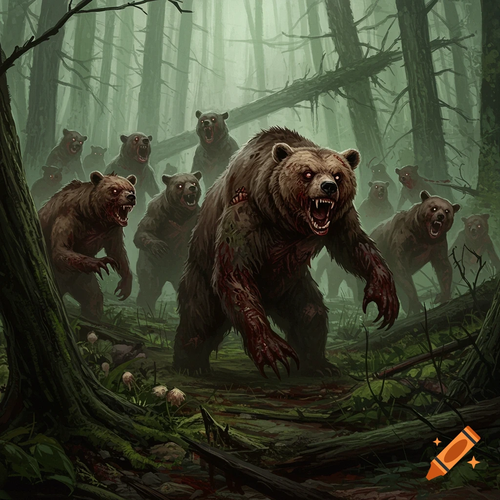 A horde of zombie bears with glowing eyes and blood in a dark, misty forest.