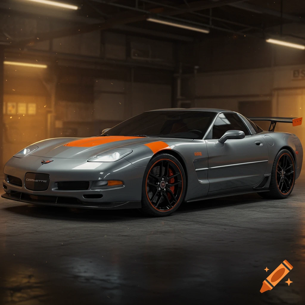 A grey C5 Corvette with orange stripes is parked in a garage.