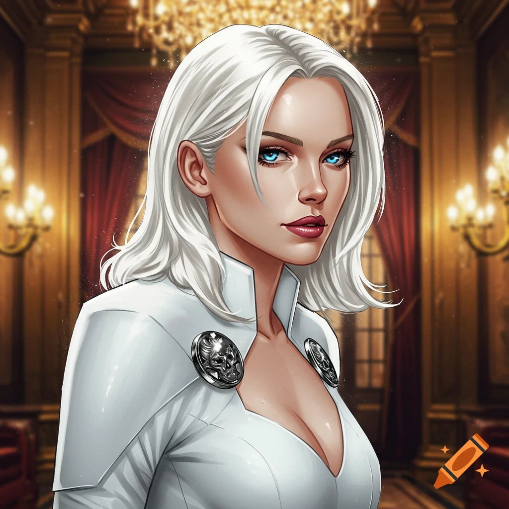 A woman with white hair and blue eyes is wearing a white outfit in a luxurious room.