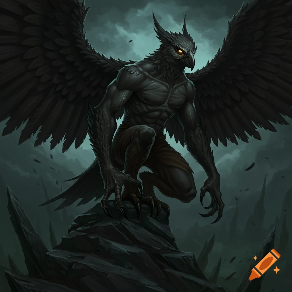 Large male harpy creature perched on rocks