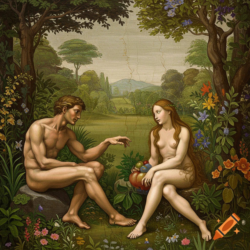 Adam and Eve sitting in a lush garden.