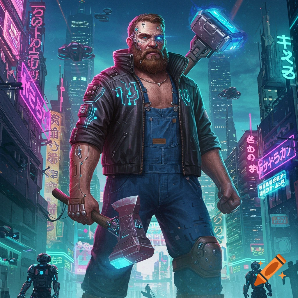 A muscular cyberpunk man holds two hammers in a futuristic city street.