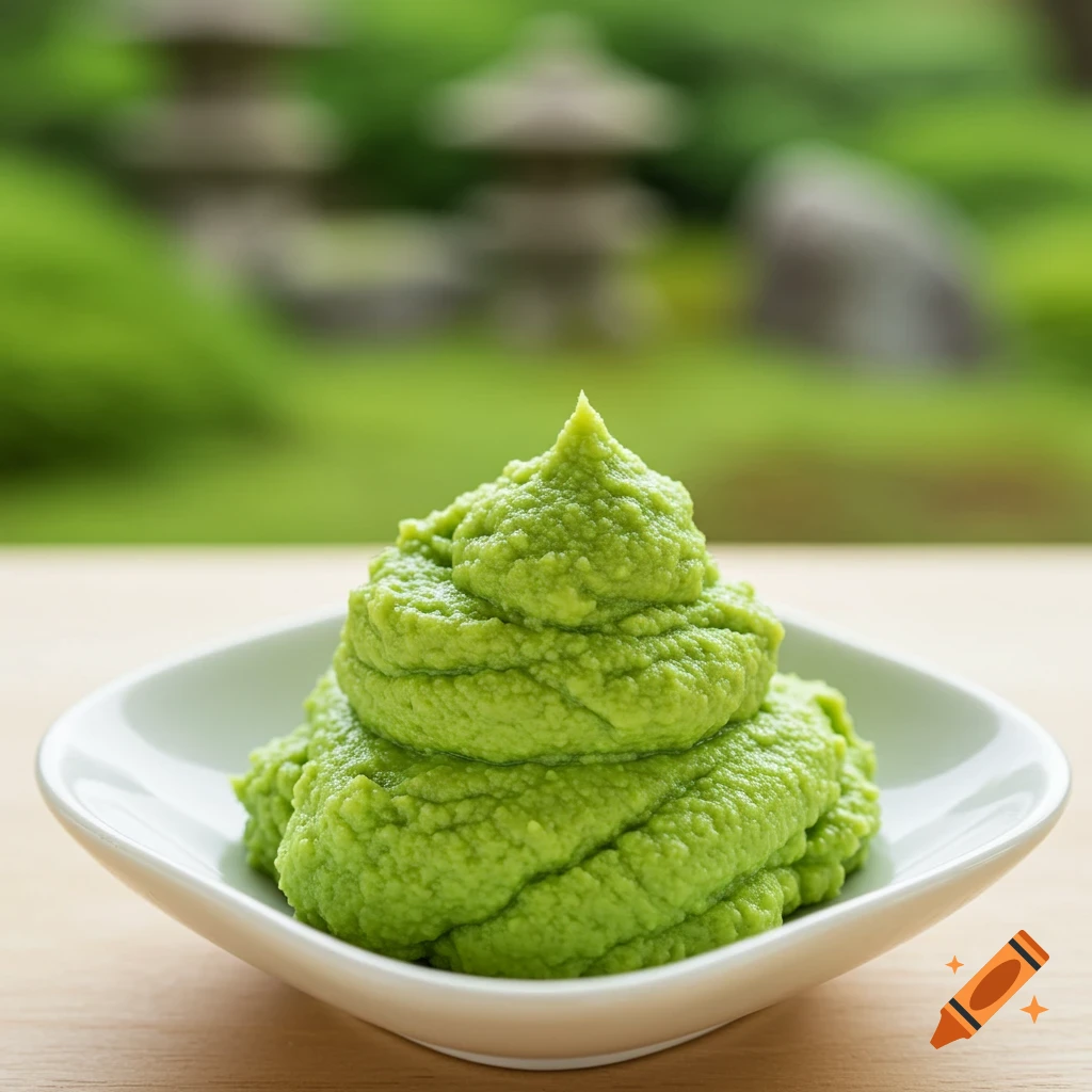 A pile of bright green wasabi paste in a white dish, with a blurred Japanese garden in the background.
