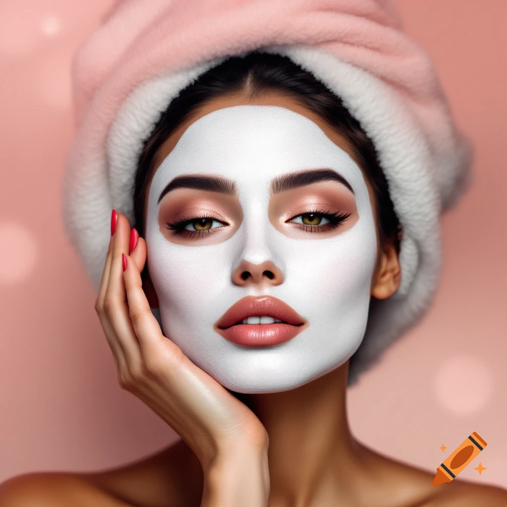 Close-up of a woman wearing a white face mask and pink towel