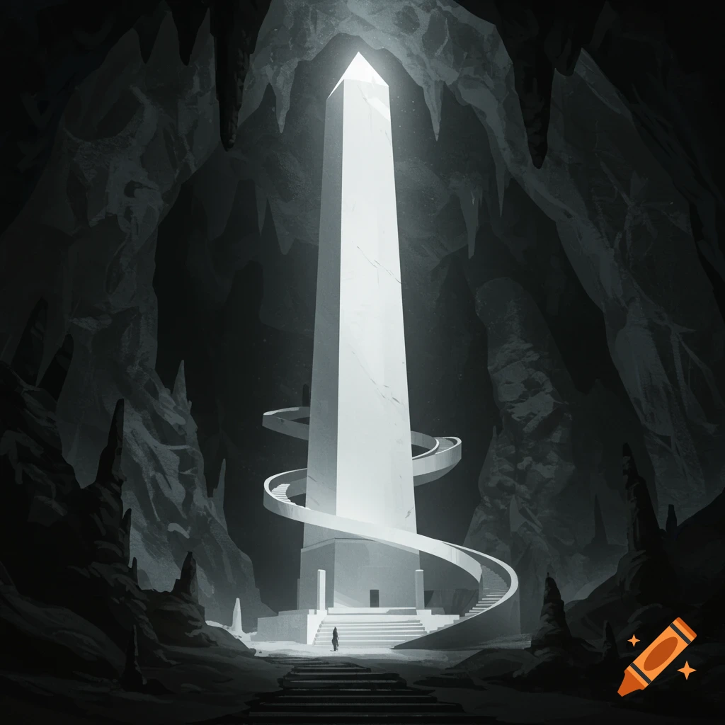 A tall white obelisk with a spiral staircase inside a dark cave, with a person at the base.
