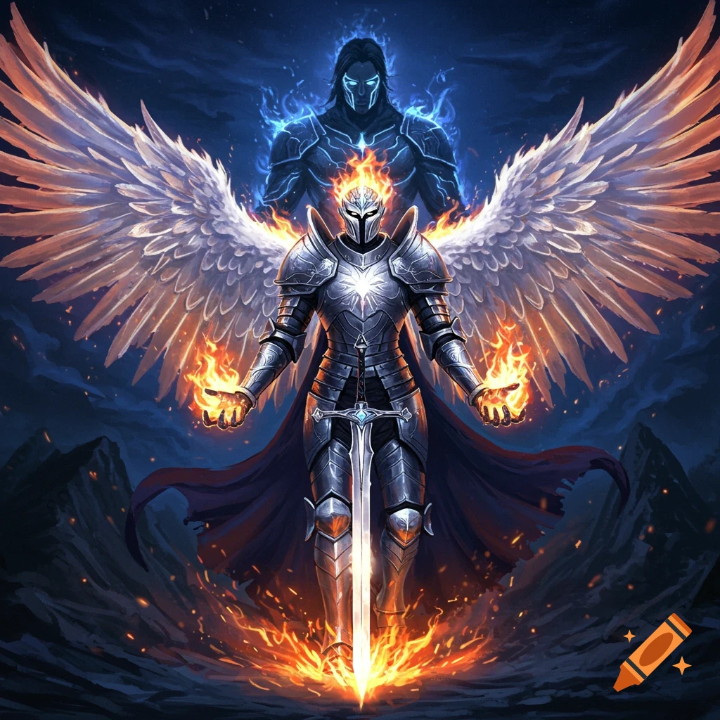 A fantasy illustration of a winged knight in fiery armor standing with a sword, a shadowy figure behind them.