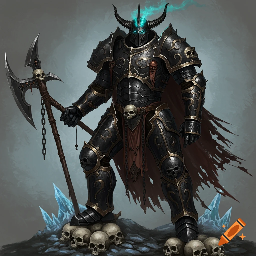 Dark fantasy illustration of a towering death knight in black horned armor standing on a pile of skulls.