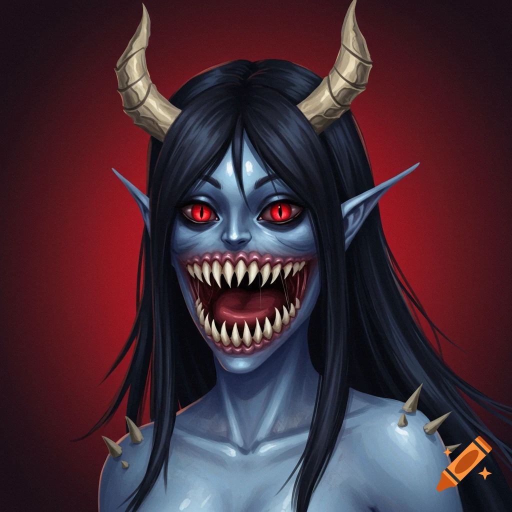 Monstrous girl Grakka with blue skin, black hair, red eyes, horns, and ...