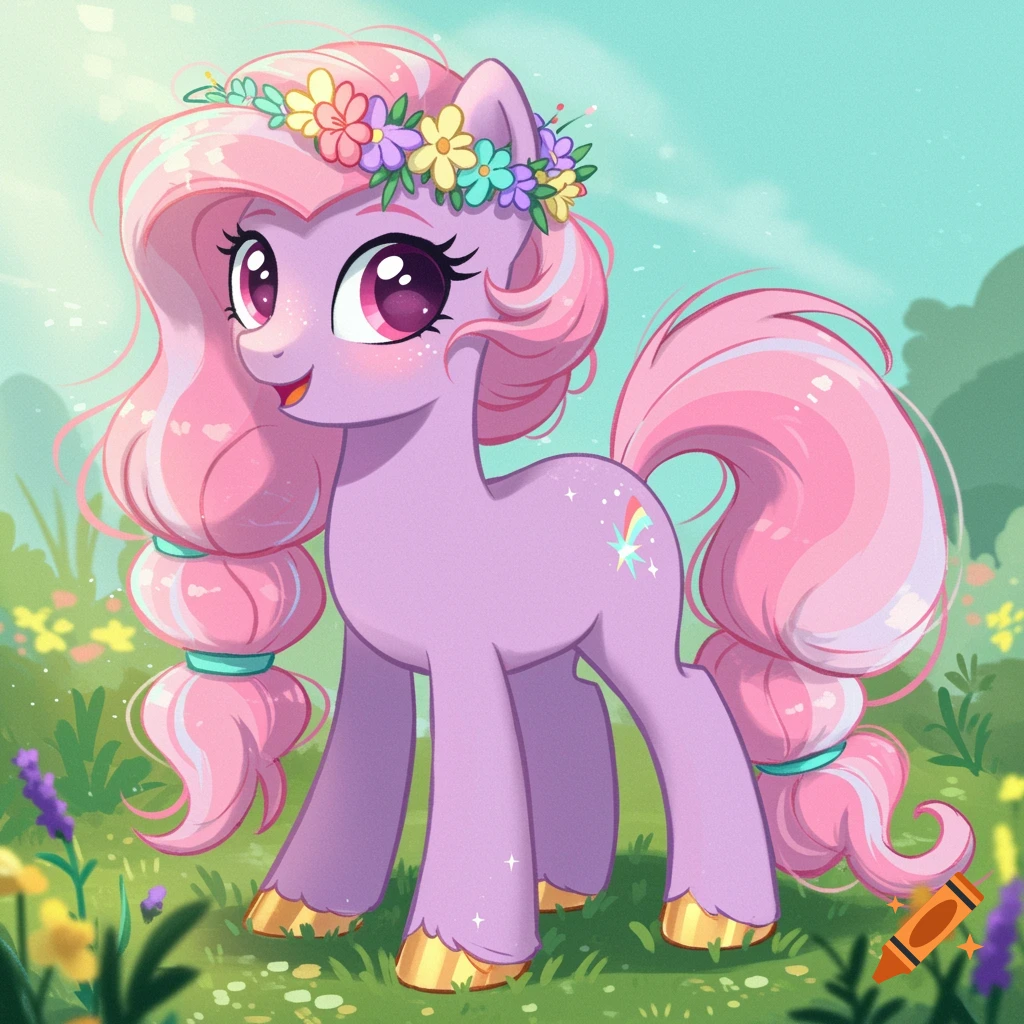 A whimsical cartoon pony with lavender fur, pink mane and tail, wearing a flower crown, standing in a field of wildflowers.