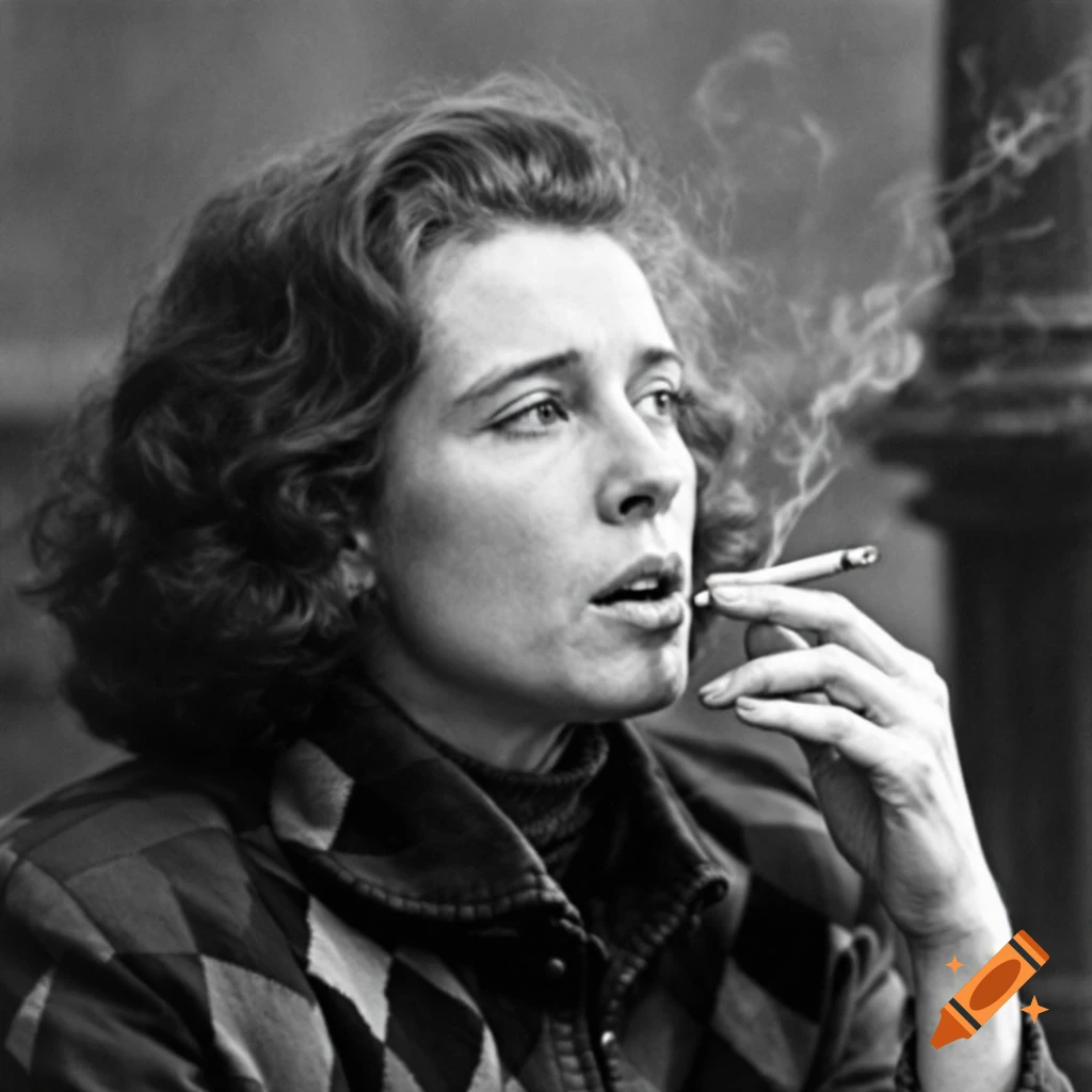 Black and white portrait of a woman with curly hair smoking a cigarette.