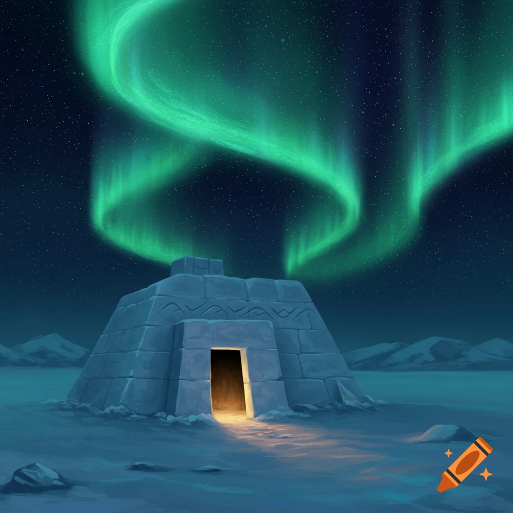 An igloo-like structure under a green aurora borealis in a snowy landscape.