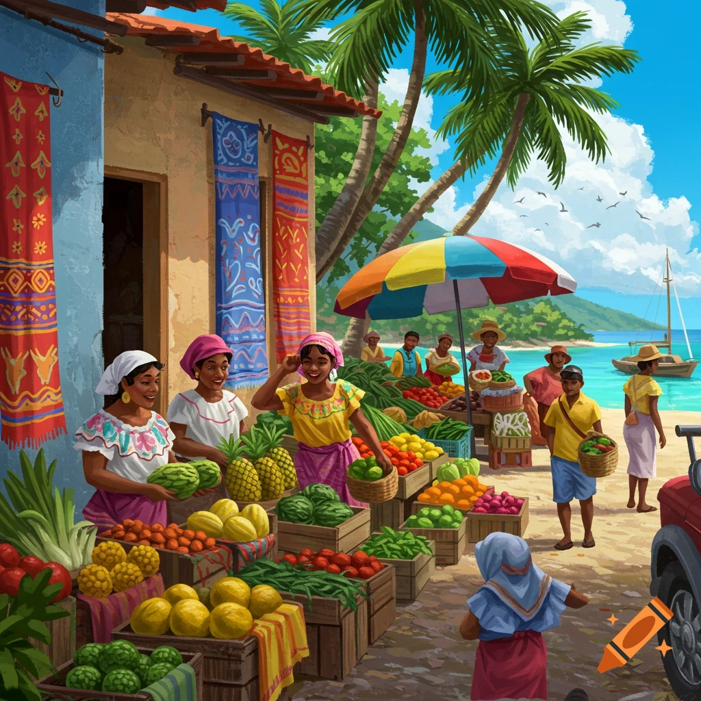 A lively outdoor market on a beach with people selling fruits and vegetables under an umbrella.