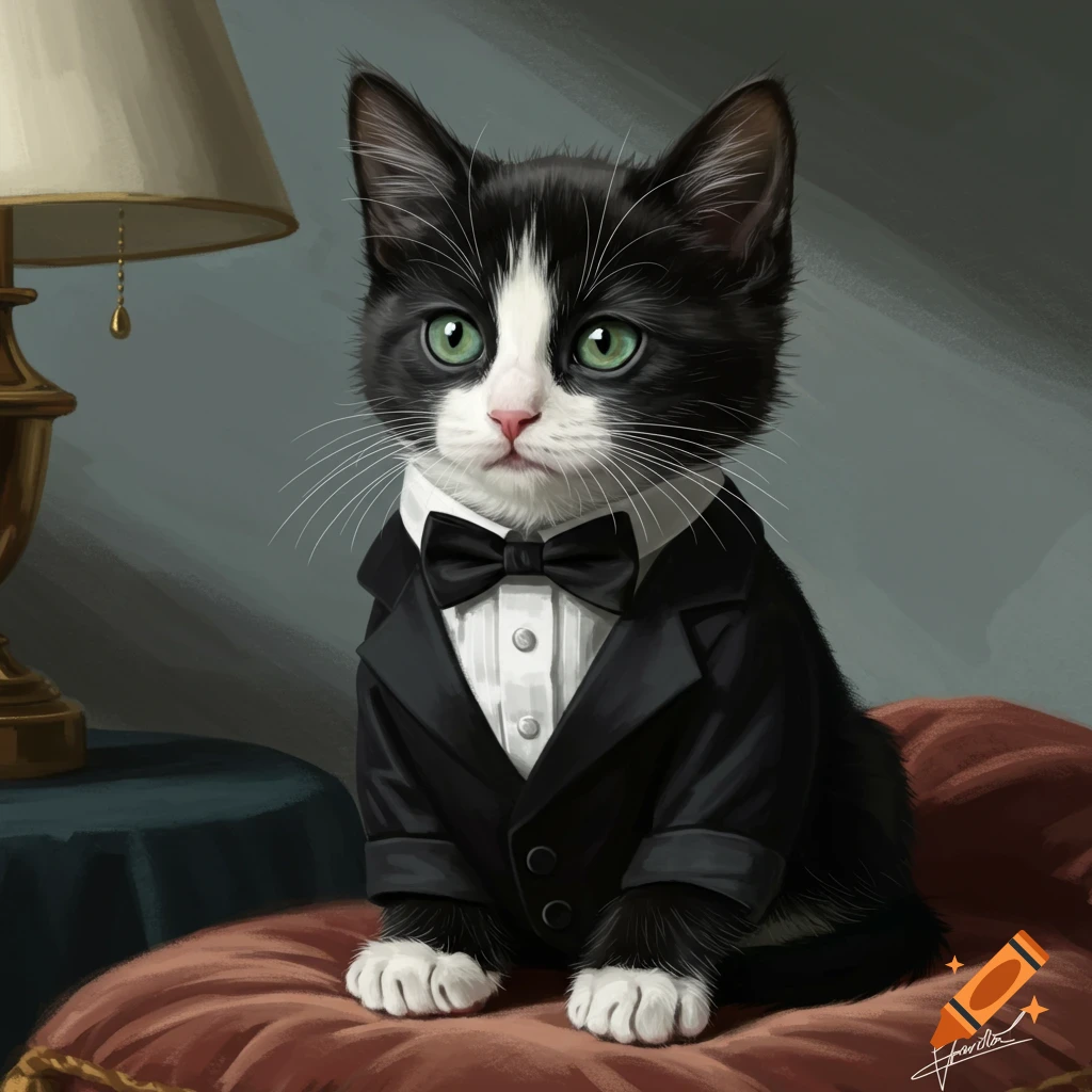 A cute tuxedo kitten sitting on a pillow.