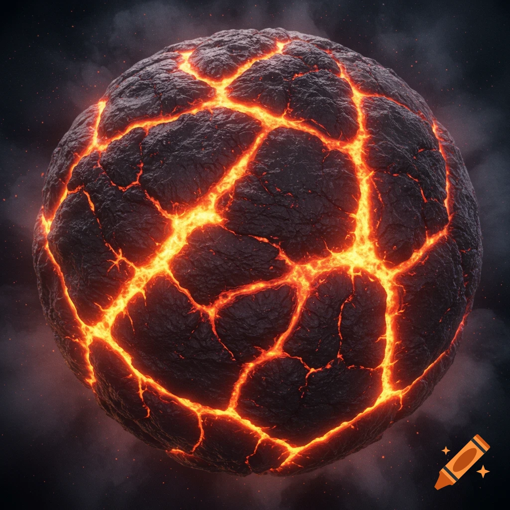 A sphere of dark rock glowing with internal magma cracks in space.