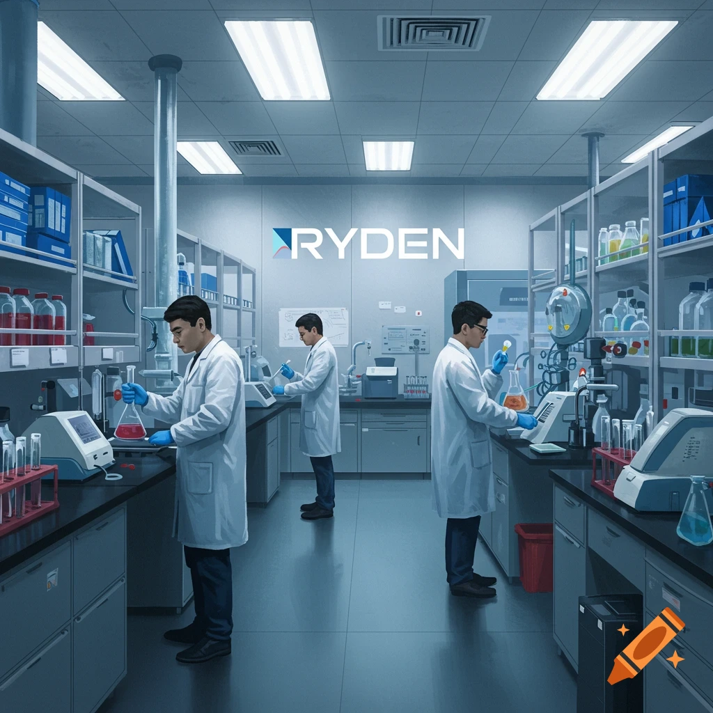 Three scientists work in a laboratory with the word RYDEN on the back wall.