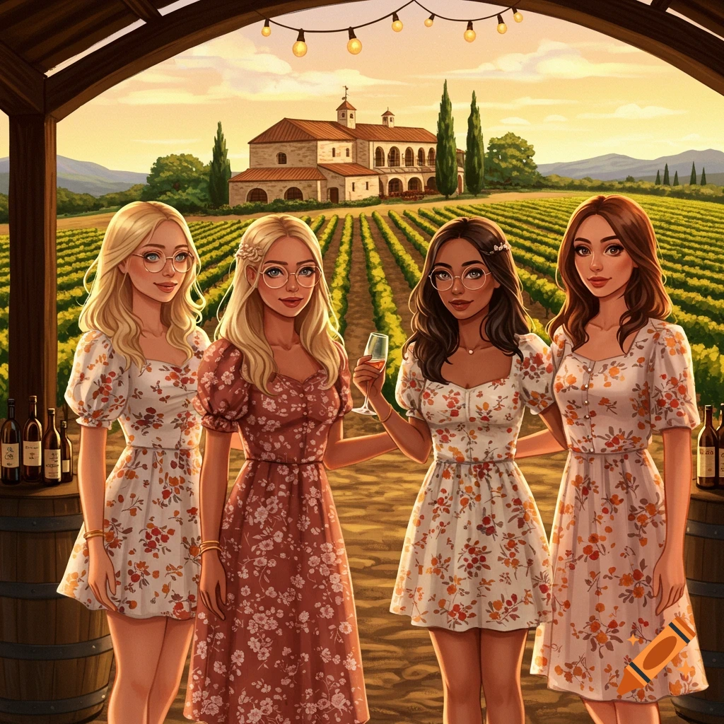 Digital art of four women in floral dresses standing in front of a vineyard and winery at sunset.