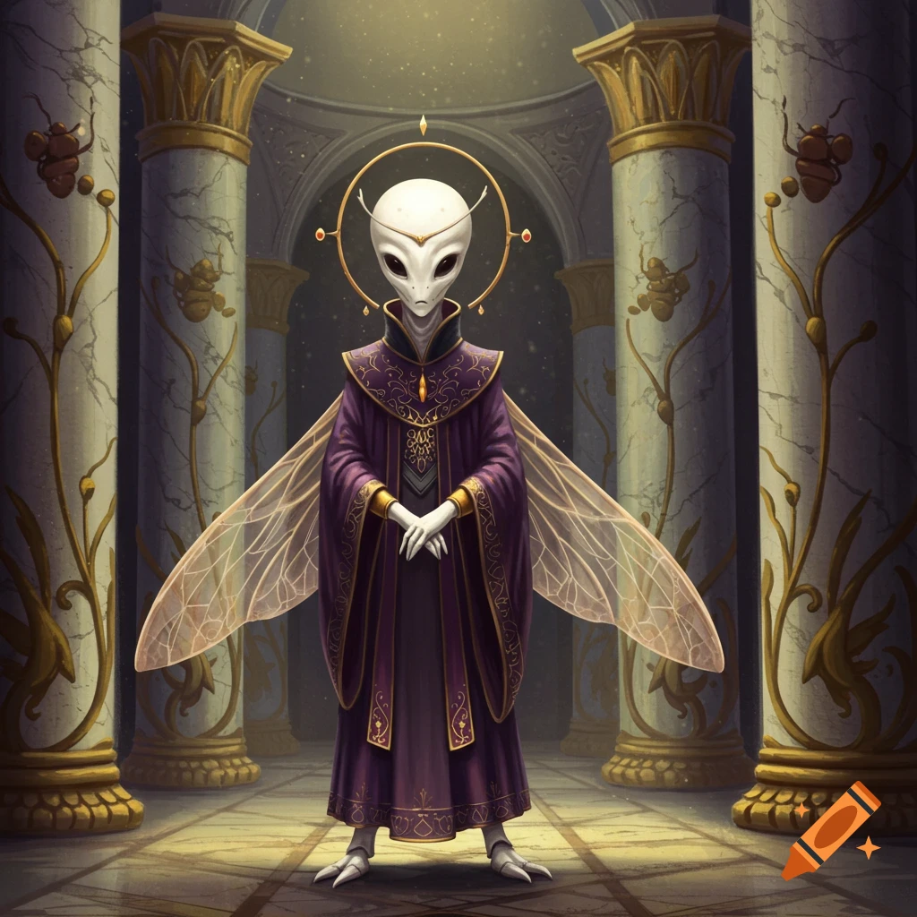 a white alien in a purple robe with insect wings standing in a temple hall.