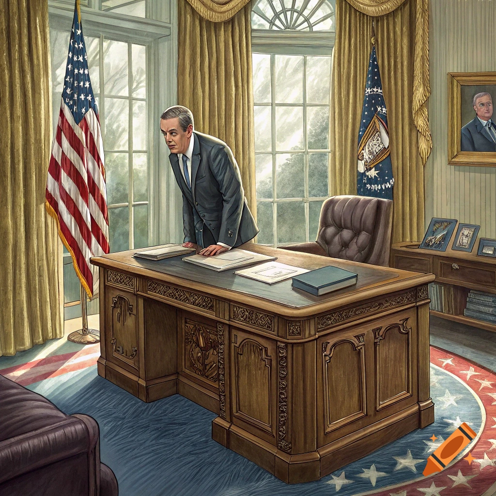 Illustration of a man in a suit standing at a large wooden desk in a room resembling the Oval Office, with flags and windows.