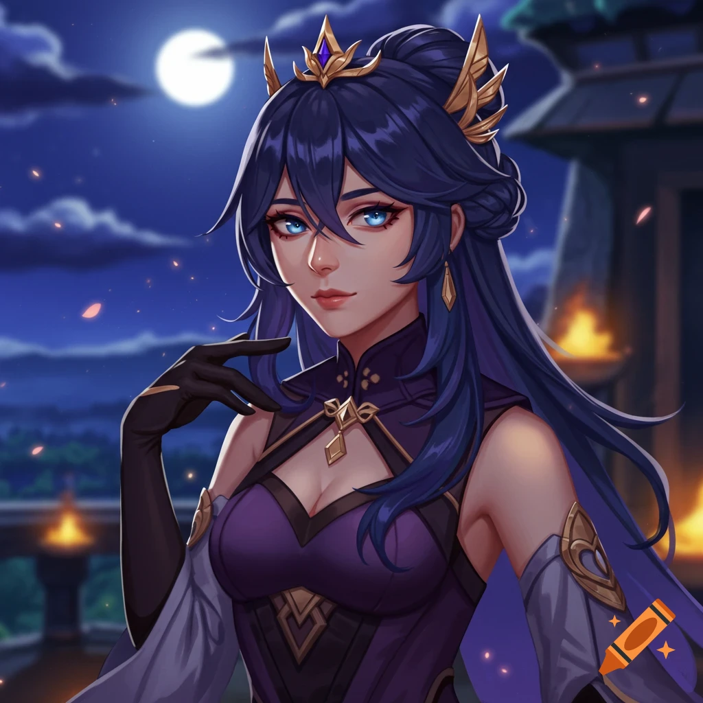 A woman with blue eyes, dark hair, wearing a purple dress and crown, on a balcony at night under a full moon.