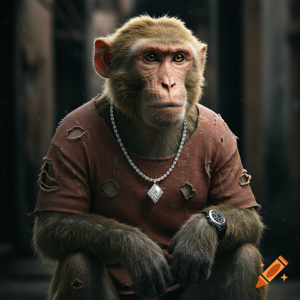 Photorealistic portrait of a monkey wearing a ragged shirt, diamond necklace, and wristwatch.