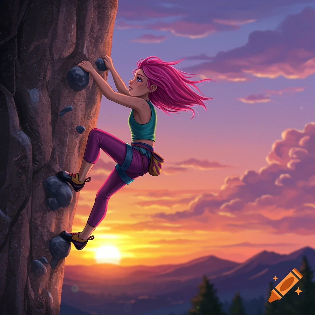 A young girl rock climbing a cliff face at sunset.