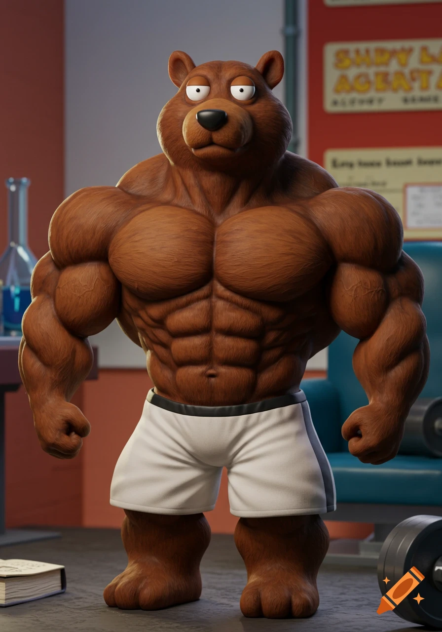 A muscular cartoon bear wearing white shorts stands in a gym.