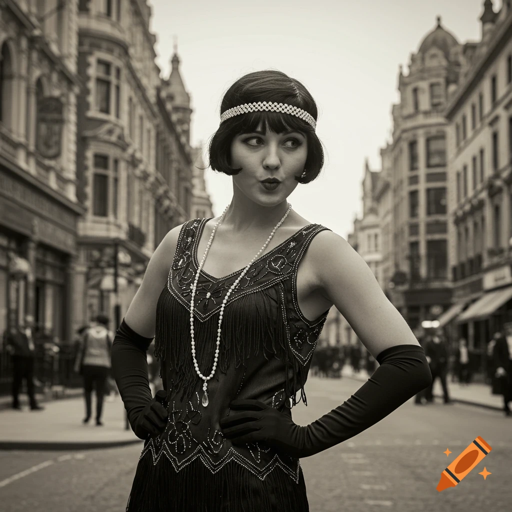 Woman in 1920s dress and headband stands in a sepia-toned city street
