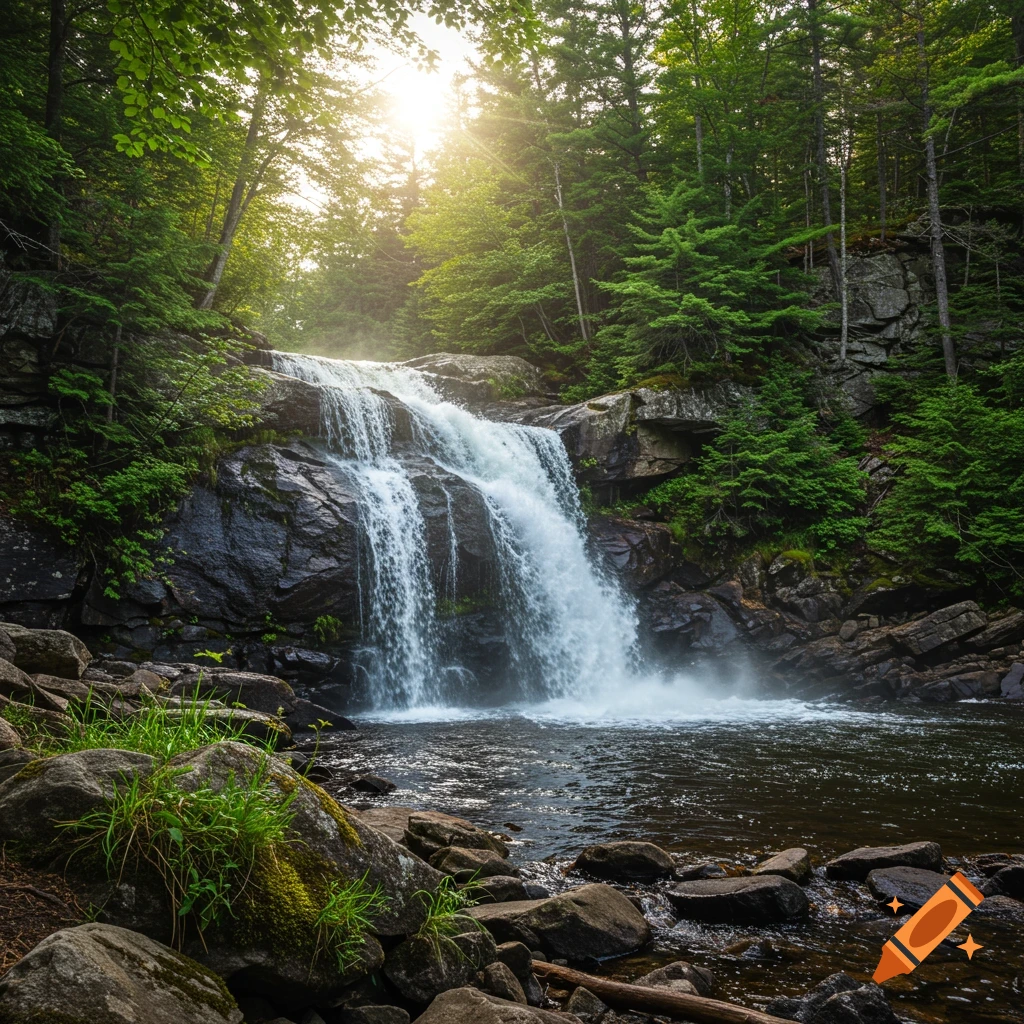 A photorealistic image of a waterfall cascading over rocks in a forest.