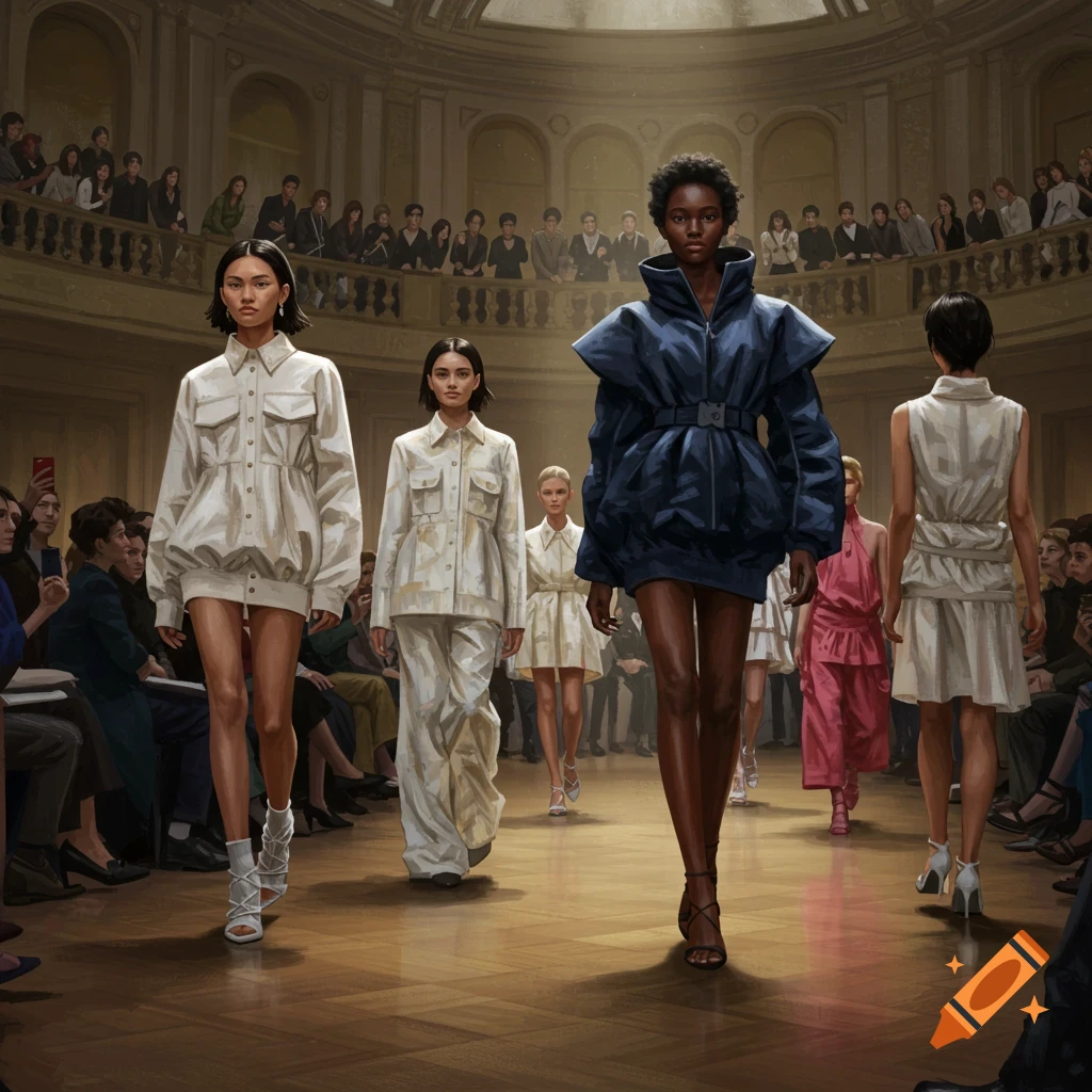 Models walking a runway during a fashion show in a grand hall with a crowd.