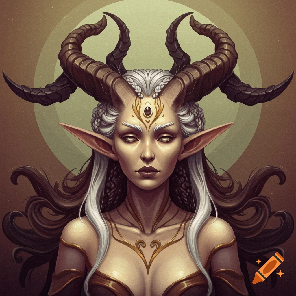 A fantasy creature portrait with large horns, long ears, and ornate clothing, illustration style.