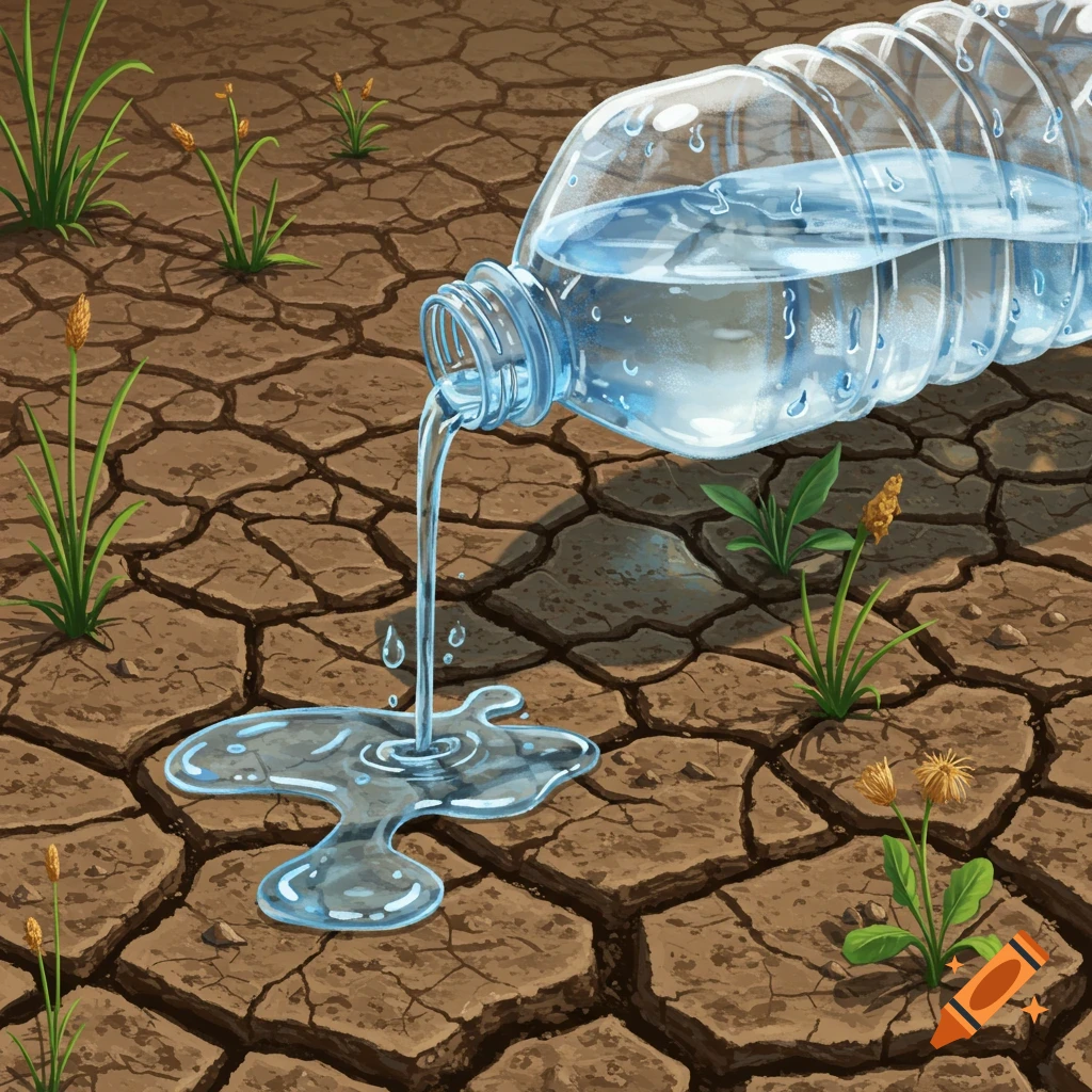 A water bottle pouring water onto cracked, dry earth with small plants.
