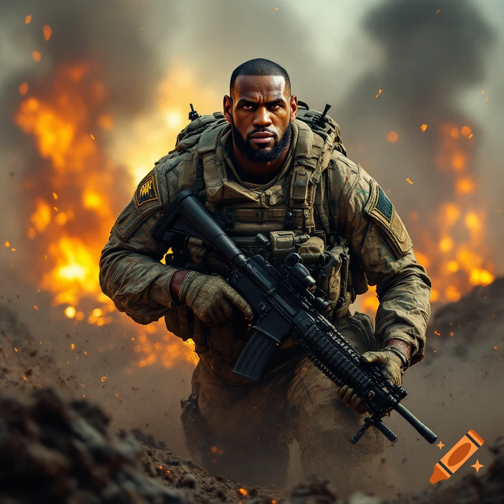 Lebron James as a soldier in combat with fire and smoke.
