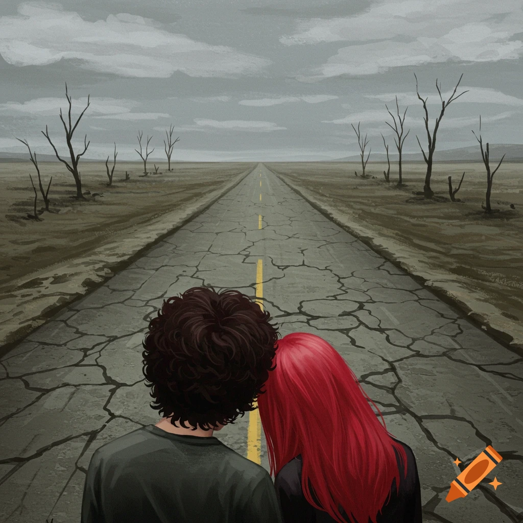 A couple stands with their backs to the viewer, looking down a cracked road in a desolate landscape under a cloudy sky.