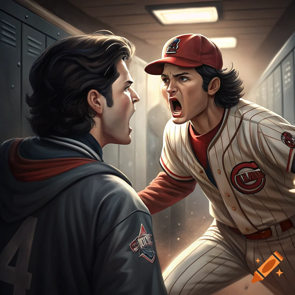 Two men yell fiercely at each other in a locker room, one wearing a baseball uniform.