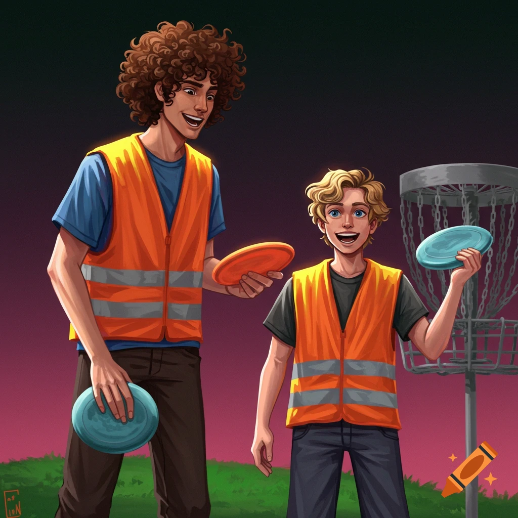 Two young men in safety vests playing disc golf.
