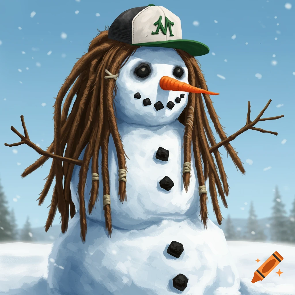 A snowman with dreadlocks and a backwards baseball hat in the snow.