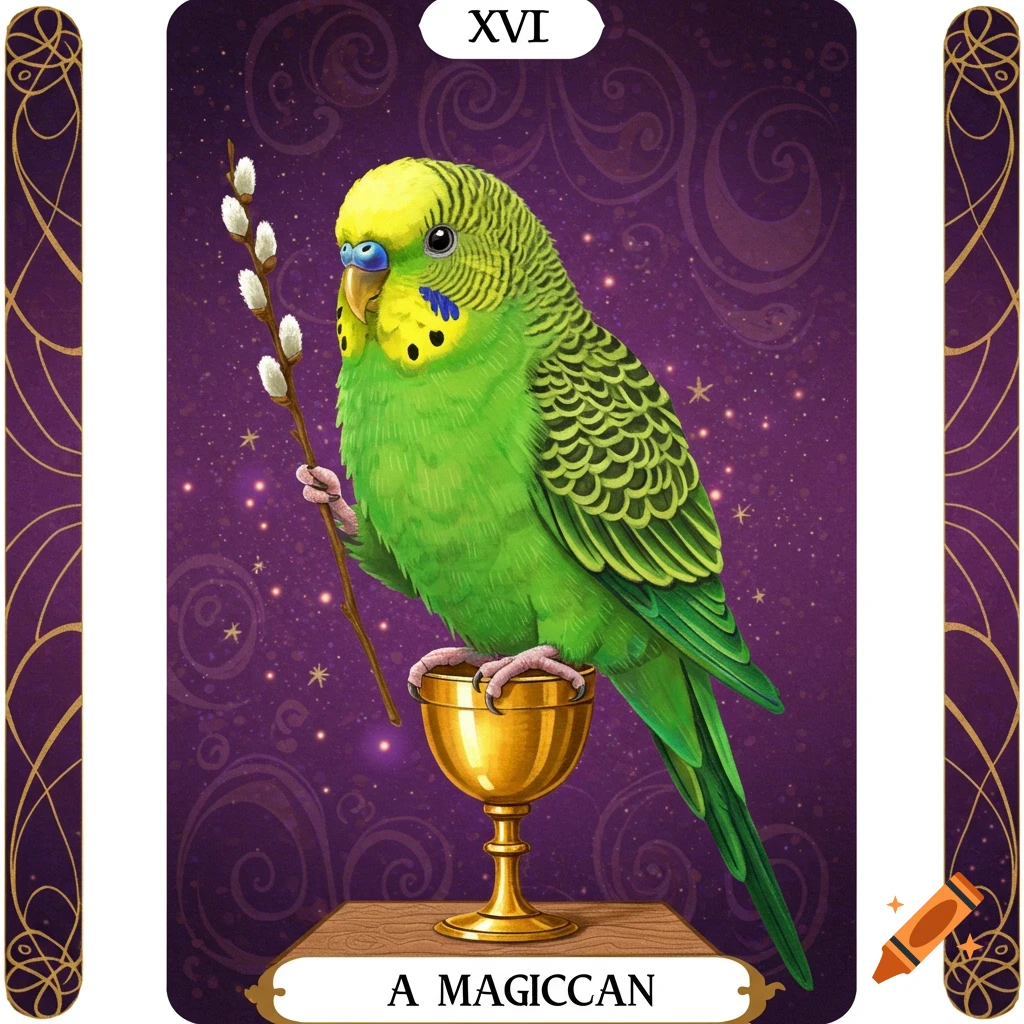 A green parakeet stands on a gold goblet, holding a staff, styled as a tarot card with Roman numeral XVI and text.