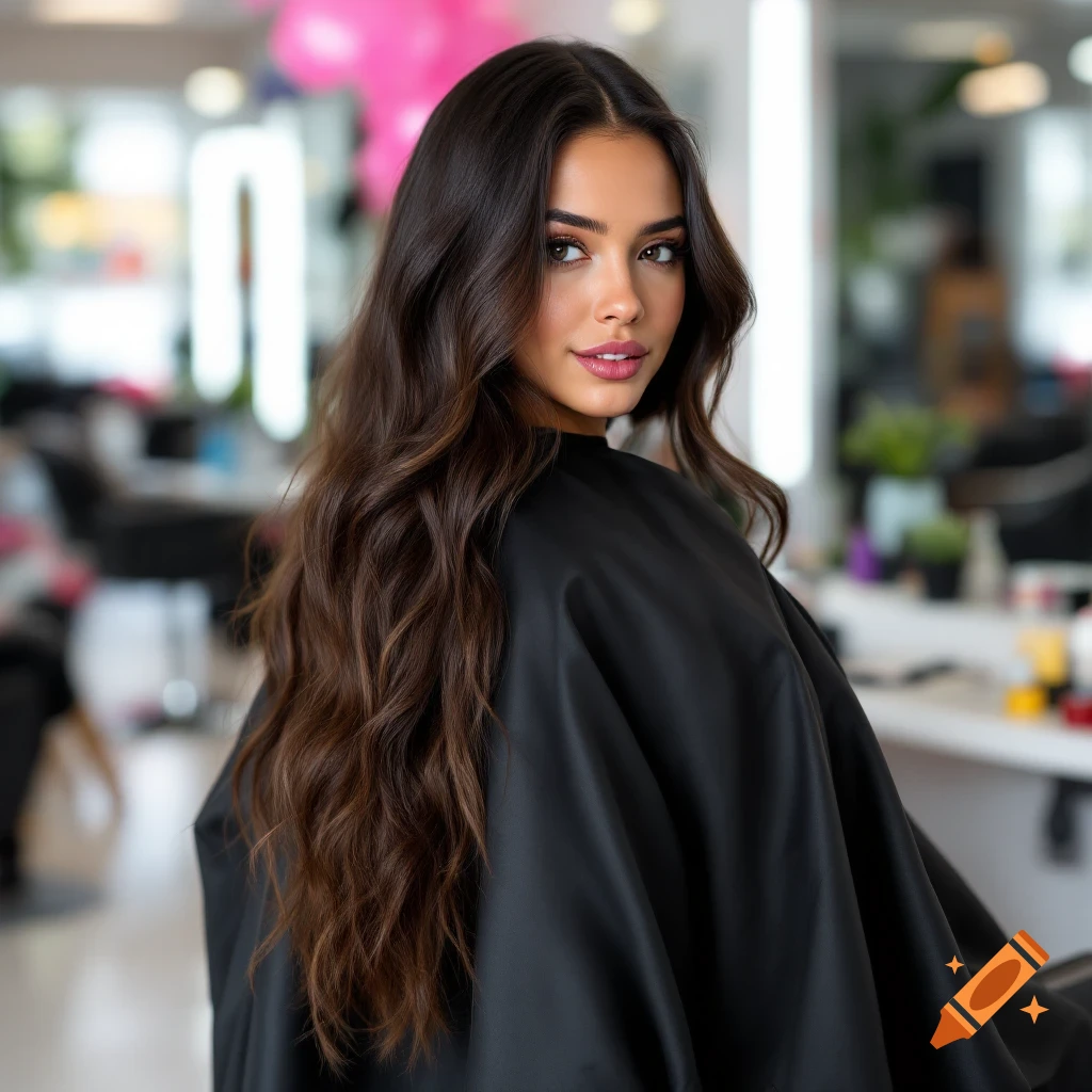 A woman with long wavy brown hair in a black cape looks over her shoulder in a salon.