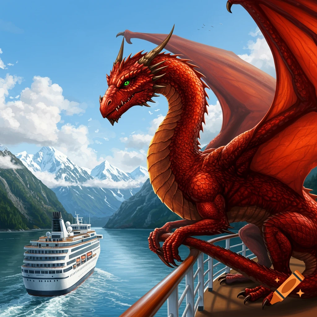 A red dragon perches on the railing of a cruise ship sailing through a mountainous bay.
