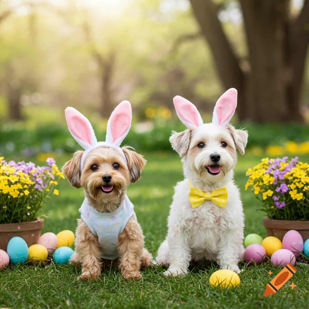 Shorkie and Sealyham Terrier dogs dressed for Easter on Craiyon