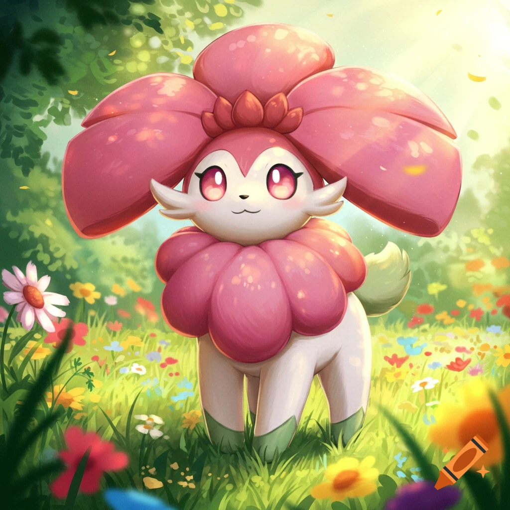 A cute cartoon creature resembling Floragato with a large pink flower head and collar stands in a sunny field of colorful flowers.
