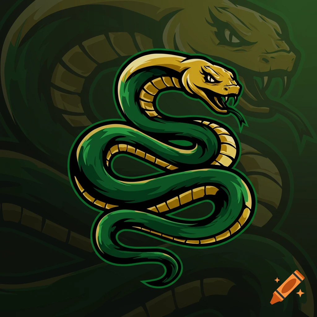 A stylized green and gold snake mascot icon in digital art style.