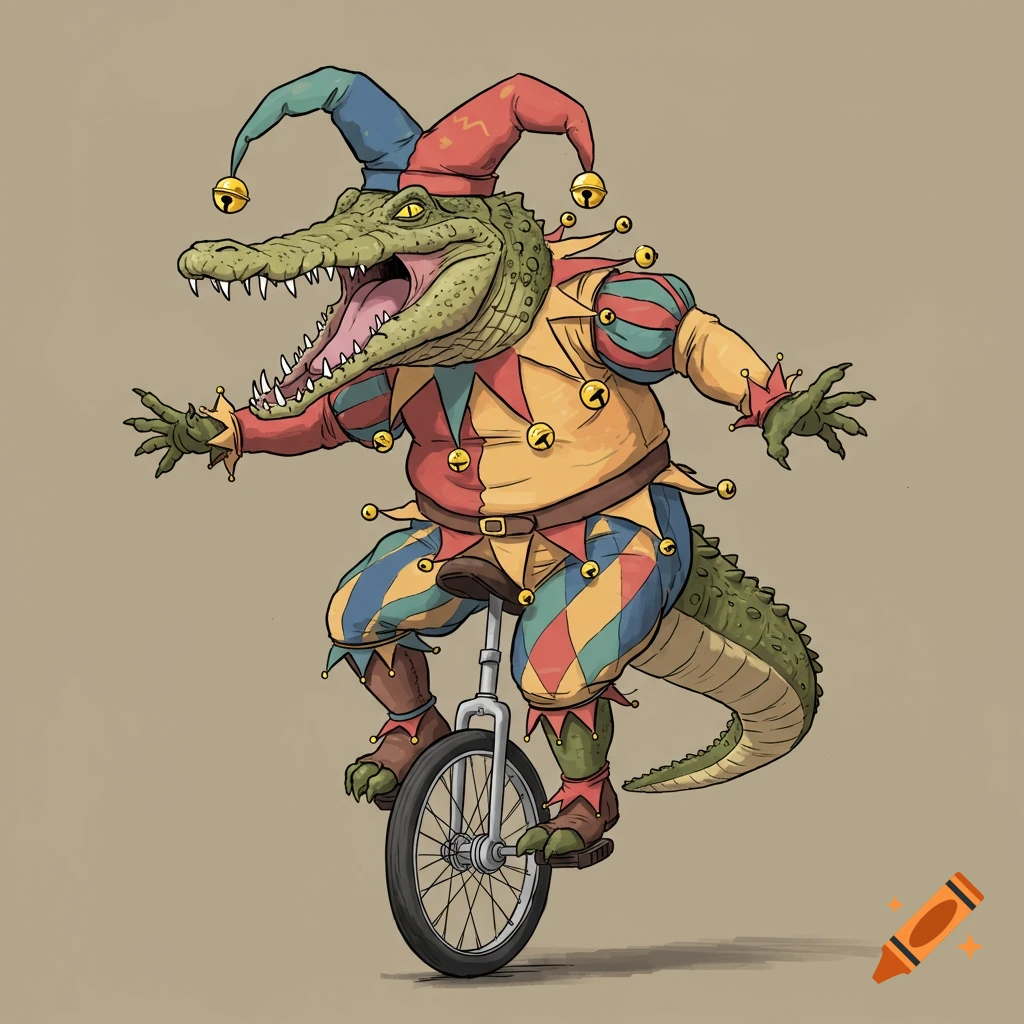 Humanoid crocodile in a jester costume on a unicycle.
