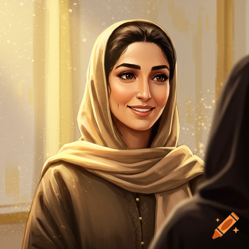 A portrait of a smiling woman wearing a light brown headscarf.