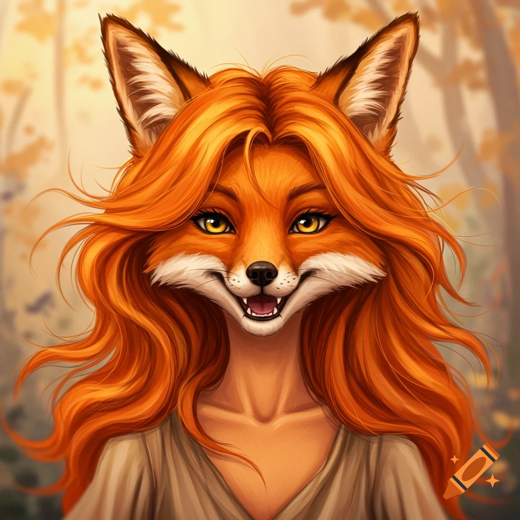 A stylized illustration of a fox woman with long orange hair in a forest