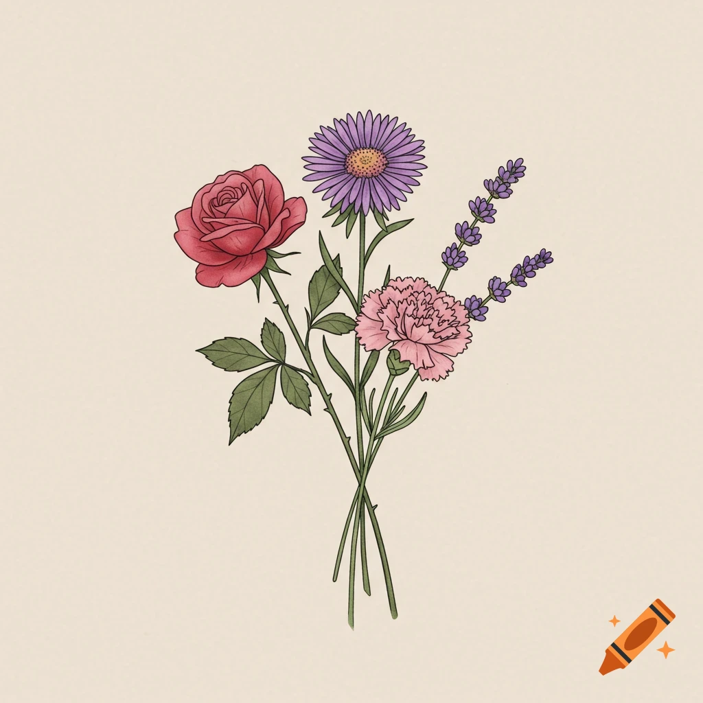 Illustration of a rose, aster, carnation, and lavender bouquet.