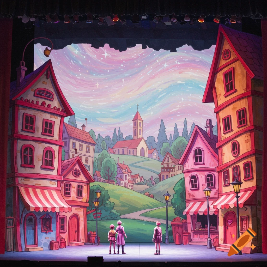A stage backdrop showing a cartoon town under a starry sky, with three small figures on the stage.